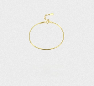 Detail of a polished gold snake chain bracelet with adjustable clasp and drop charm