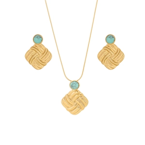 Gold stainless steel jewelry set with woven square pendants and turquoise stone inlay