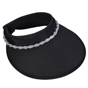 Elegant wide brim UV visor for women with black weave and pearl decorative headband
