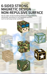 Detail showing 6-sided magnetic cubes with camouflage and brick patterns and light effects