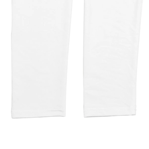 Close-up of the professional stitching and hem detail on white ribbed fabric bodysuit