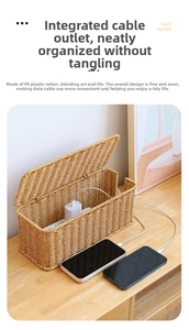 Close-up of woven rattan cable management box with side cutouts for power strips