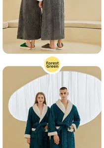 Detail of forest green plush flannel bathrobe featuring white faux fur trim collar