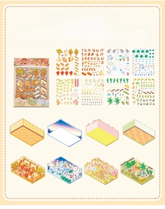 Macro detail of 3D scene stickers set with PET transparent sheets and cardstock bases