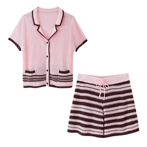 Striped Knit Set Short Sleeve Cardigan And Drawstring Shorts Casual Streetwear Pink Brown Outfit