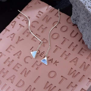 Elegant silver threader earrings with blue enamel Fuji mountain triangle pendants