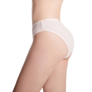 Beige ribbed cotton V-shaped low waist panties shown from a model side view
