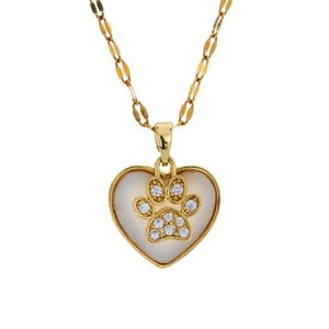 Golden heart necklace with mother of pearl inlay and cubic zirconia paw print pendant