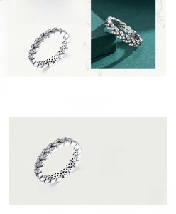 Detailed view of S925 sterling silver leaf ring with zircon inlay, 3.76mm band width