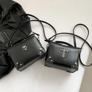 Gothic Punk Crossbody Bag PU Leather Skull Cross Rivet Chain Motorcycle Box Handbag Dark Retro Style Women