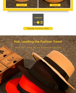 Flat top wool fedora hats in camel, brown, and red colors with black ribbon bands