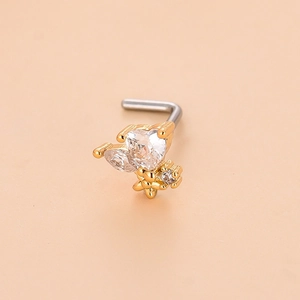 Piercing al naso a forma di L dorato con zirconi a cuore e fiore su asta in acciaio inossidabile