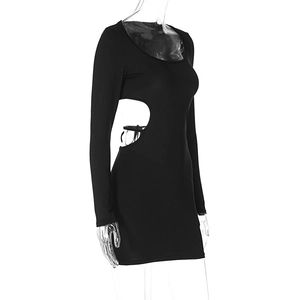 Detail of sexy cutout waist with lace-up tie on a slim fit black long sleeve mini dress