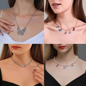 Butterfly Pendant Necklace Alloy Rhinestone Imitation Artificial Pearl Dripping Oil Sweet Vintage Clavicle Chain For Women
