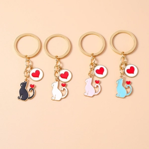 Cartoon Cat Heart Keychain Zinc Alloy Gold Plated Enamel Animal Bag Charm Pendant For Women Girls Gift Valentine Day