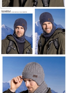 Close-up of thick knitted beanie and neck warmer set with faux leather logo patch