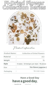 Macro shot of PET dried flower stickers with floral designs and gold wax seal accents