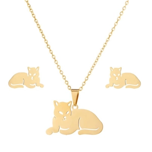 Three-piece golden leopard jewelry set featuring a minimalist necklace and stud earrings