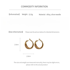 Detailed chart showing 2.8cm golden twisted hoop earrings with 12.5g weight and silver needles