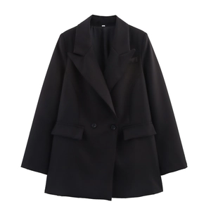 Women Blazer Polyester Double Breasted Solid Color Office Business Casual Long Sleeve Lapel Jacket