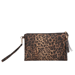 Chic leopard print envelope handbag with gold zipper and stylish tassel wrist strap