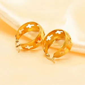 Vintage Hoop Earrings 18K Gold Plated Stainless Steel Hollow Cross Pattern Geometric Fashion Jewelry For Women