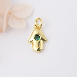 Golden Hamsa hand charm with green gemstone inlay for DIY jewelry making and crafts