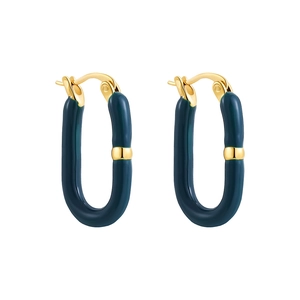 Close-up detail of U-shaped gold earrings with dark green enamel finish and polished surface