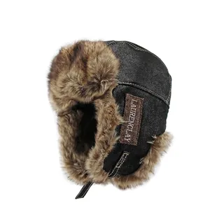 Winter-Leder-Uschanka mit warmem Kunstfellfutter und Ohrenklappen in Dunkelbraun