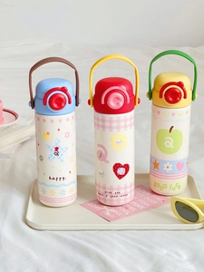 Three cute cartoon stainless steel vacuum flasks with handles and pop-up lids set