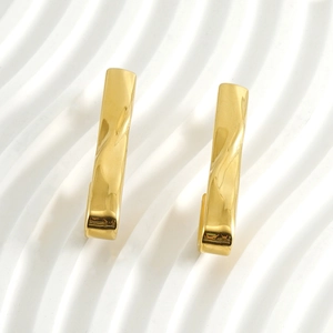 Polished 18k gold-plated stainless steel hook earrings with twisted texture on white background
