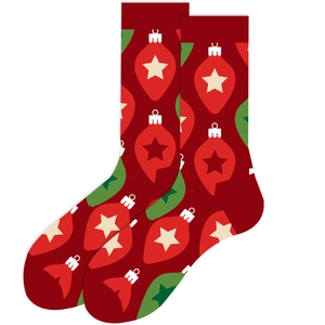 Christmas themed over-the-calf red socks with green and beige festive patterns