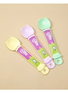 Trois cuillères pour chat en jaune, violet et vert avec une tête de cuillère en forme de chat