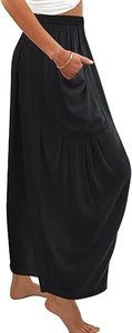 Vue détaillée du pantalon sarouel noir en lin avec taille élastique et poches latérales