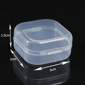 Detailed view of a mini transparent plastic storage box measuring 3x3x1.5 cm
