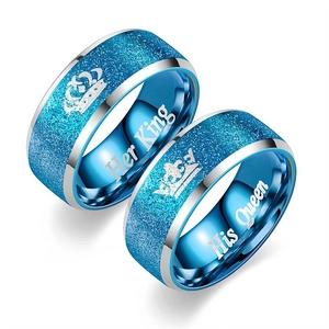 Anelli di coppia a corona Her King e His Queen in acciaio inossidabile blu glitter.