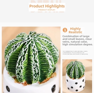 Detailed view of artificial green cactus with realistic texture in a white polka dot pot