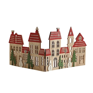Foldable wooden Christmas fence decoration with colorful houses and snowman figures