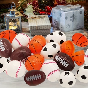 Easter eggs set with football, basketball and baseball patterns on a festive wooden table