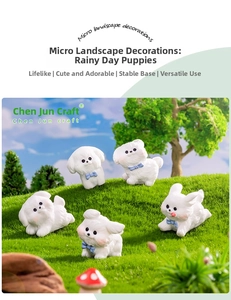 Miniature white resin dogs with blue bows on green grass for micro landscape decor
