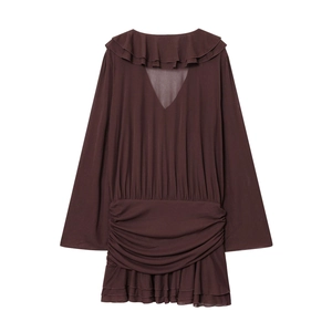 Deep brown long sleeve V-neck tiered ruffle dress with pleated details on white background
