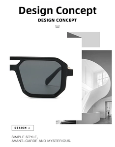 Detail of black oversized square sunglasses featuring a thick avant-garde frame and dark lens
