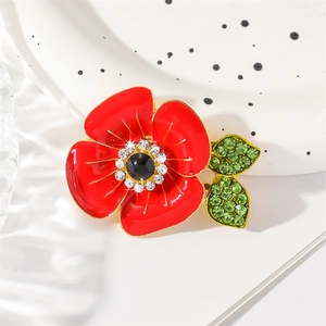 Poppy Flower Brooch Red Enamel Zinc Alloy Pin With Green Clear Rhinestone Sparkling Crystal Floral Corsage Women Accessory