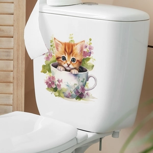 Cute watercolor orange cat in teacup toilet lid sticker with floral bathroom wall decor