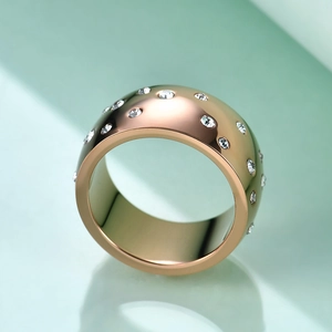 Macro detail of 10mm rose gold stainless steel ring with pavé-set sparkling crystals