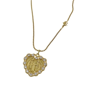 18K gold plated heart necklace with zircon border and religious medallion relief