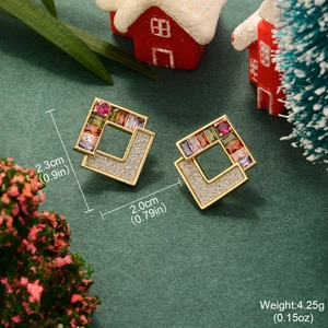 Elegant gold square earrings with colorful cubic zirconia stones and glitter finish texture