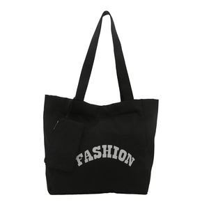 Grand sac cabas noir en toile avec logo FASHION et petite pochette zippée assortie