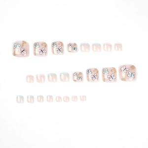 Faux ongles d'orteils papillon bleu et violet avec feuille d'or, ensemble de 24 pièces
