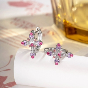 Bohemian Cross Hoop Earrings With Pink Purple Colorful Zircon Silver Plated Dainty Jewelry For Women Spice Girl Style